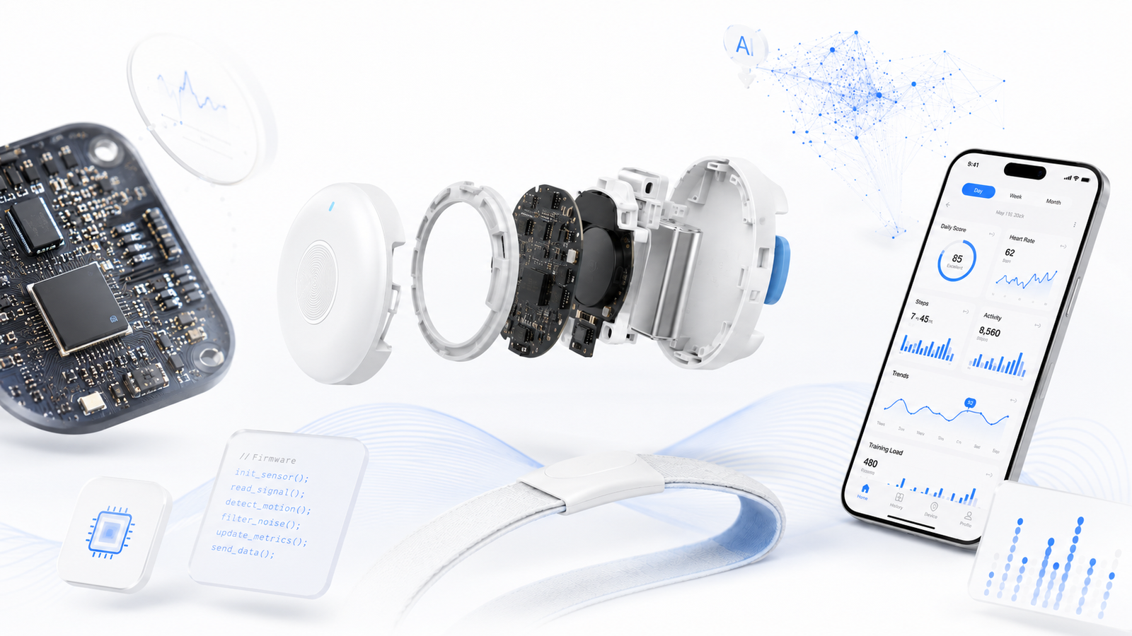 DAYOU technology stack including electronics, sensing, AI, and mobile apps